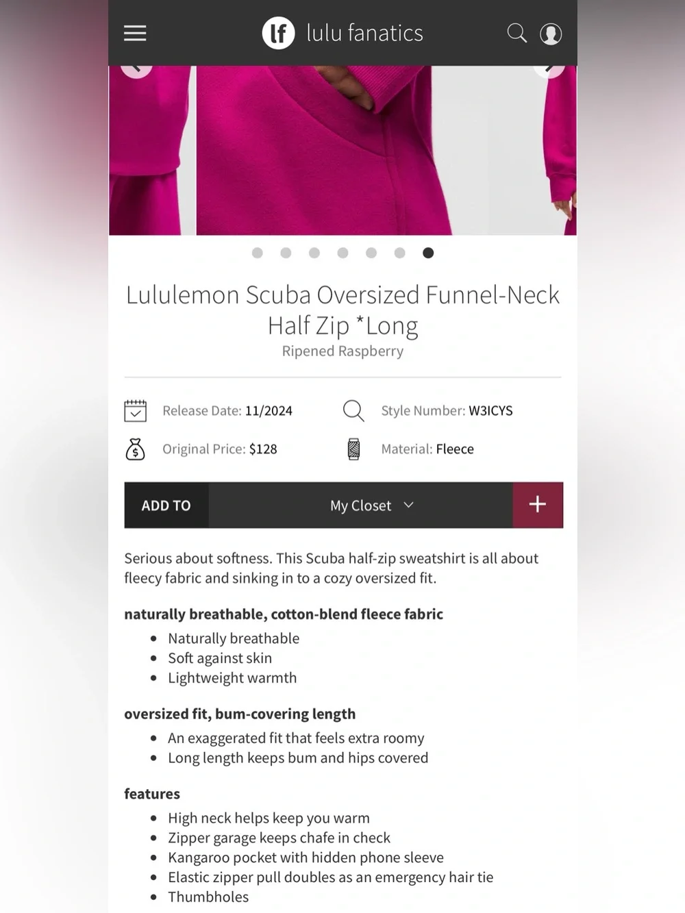 Lululemon Ripened Raspberry Scuba Oversized Funnel-Neck Half Zip *Long Sz M/L - Picture 7 of 7